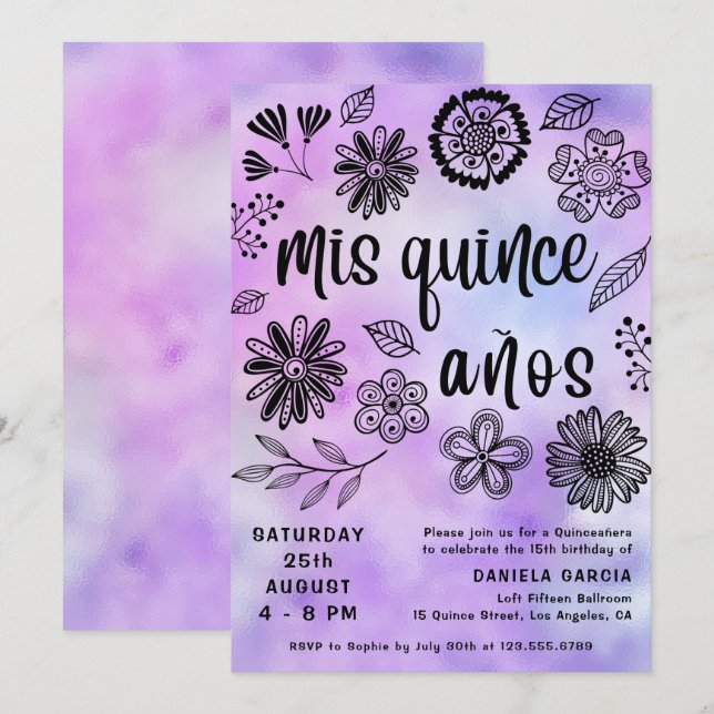 Mis Quince Años Modernes Lila Blumenquinceñera Einladung (Vorne/Hinten)