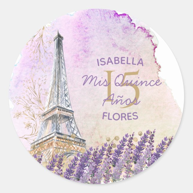 Mis Quince Años Paris Eiffel Tower French Lavender Runder Aufkleber (Vorderseite)