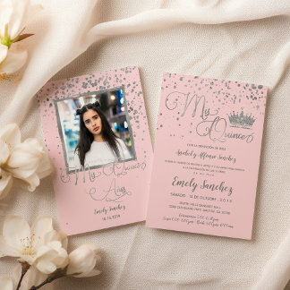 Mis Quince Anos Pink Silver Confetti Spanisches Fo Einladung