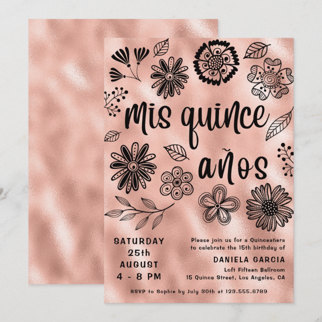 Mis Quince Años Rose Gold Floral Quinceñera Einladung (Vorne/Hinten)