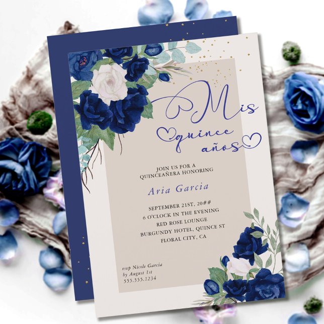 Mis Quince Anos Royal Blue Navy Floral Quinceanera Einladung (Von Creator hochgeladen)