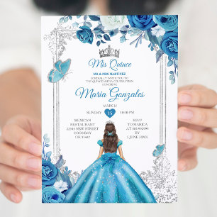 Mis Quince Aqua Aquamarine Blumenkrone Quinceañera Einladung