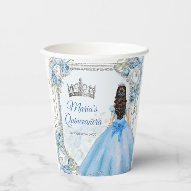 Mis Quince Blue Floral Silver Crown Quinceañera Pappbecher (Vorderseite)