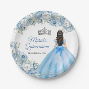 Mis Quince Blue Floral Silver Crown Quinceañera Pappteller