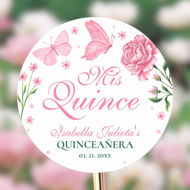 Mis Quince Blush Pink Floral Quinceañera Runder Aufkleber (Mis Quince Blush Pink Floral Quinceañera Classic Round Sticker)