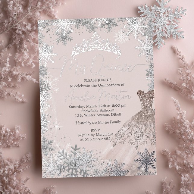 Mis Quince Blush Winter Snowflake Quinceanera Folieneinladung (Von Creator hochgeladen)