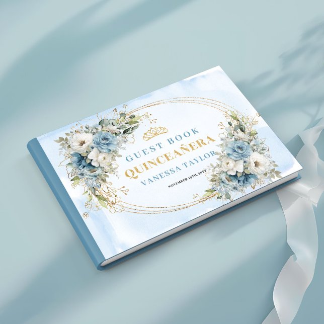 Mis Quince Boho Gästebuch mit Blau Gold Grün (Mis Quince Boho Guest Book with Blue Gold Greenery)