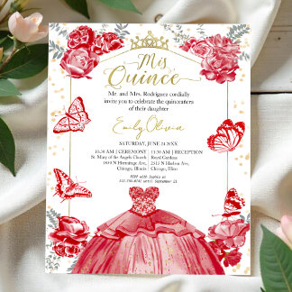 Mis Quince Budget Einladung Rote Kleidung Blüte