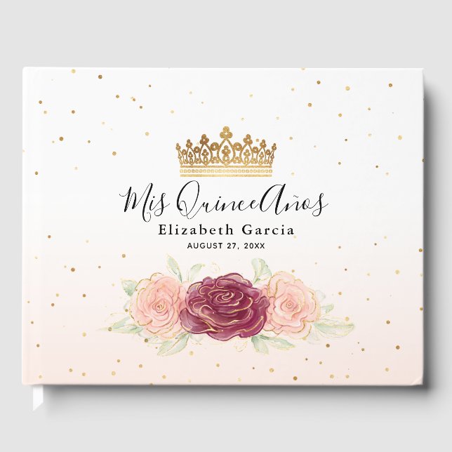 Mis Quince Burgundy Blush Gold Floral Quinceanera Gästebuch (Vorderseite)