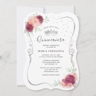Mis Quince Burgundy Blush und Silver Quinceanera Einladung