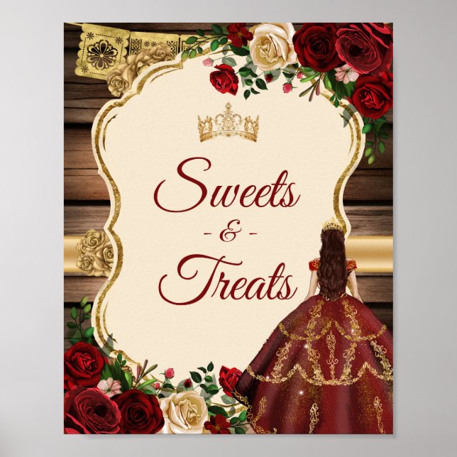 Mis Quince Burgundy Floral Rustic Sweet Leckereien Poster (Vorne)