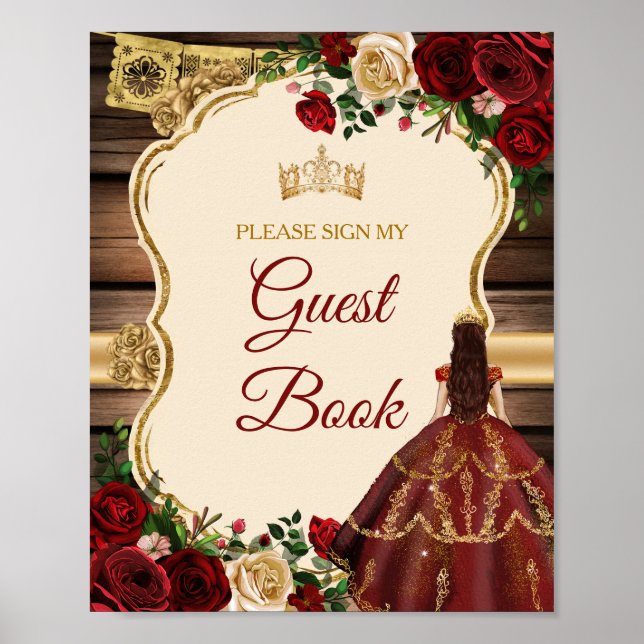 Mis Quince Burgundy Floral Rustikales Gästebuch (Vorne)