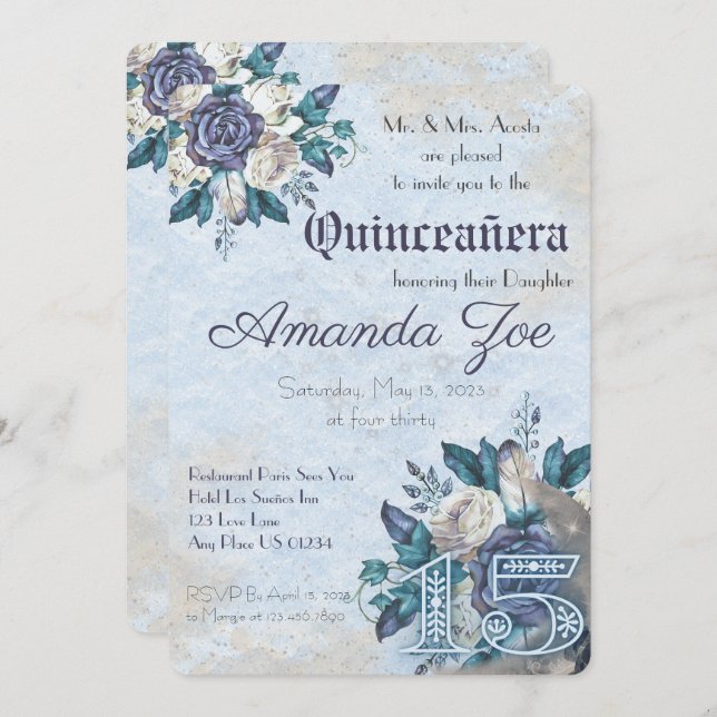 Mis Quince Dusty Blue Floral invitation (Devant / Derrière)
