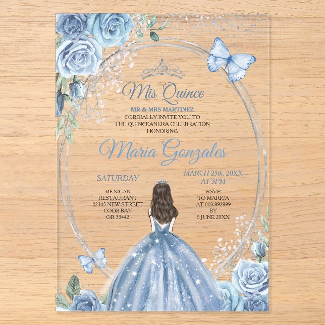 Mis Quince Dusty Blue & Silver Floral Quinceañera Acryleinladungen (Vorderseite)