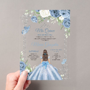 Mis Quince Dusty Blue & Silver Floral Quinceañera Acryleinladungen