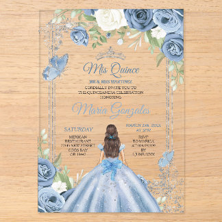 Mis Quince Dusty Blue & Silver Floral Quinceañera Acryleinladungen