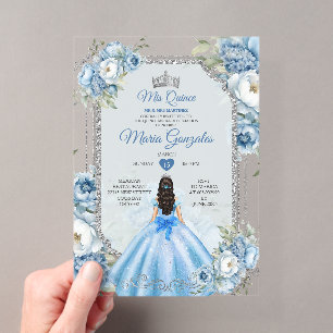 Mis Quince Dusty Blue & Silver Floral Quinceañera Acryleinladungen