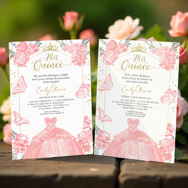 Mis Quince Einladung Bilingual Pink Dress Floral (Von Creator hochgeladen)