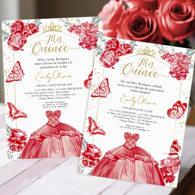 Mis Quince Einladung Bilingual Red Dress Floral (Von Creator hochgeladen)