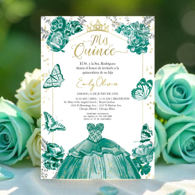 Mis Quince Einladung Spanisch Emerald Green Dress (Von Creator hochgeladen)