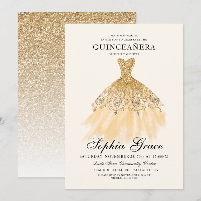 Mis Quince Elegante Imitate Gold Glitzer Quinceañe Einladung (Vorne/Hinten)