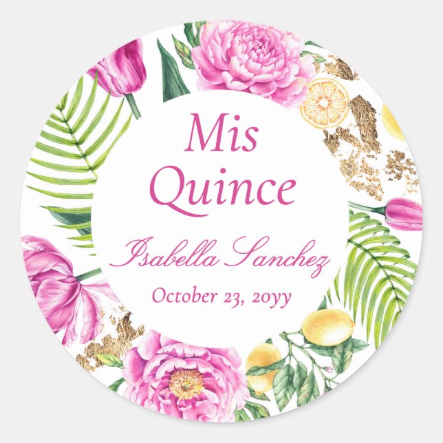Mis Quince Floral Pink Peonies Lemons Quinceañera  Runder Aufkleber (Vorderseite)