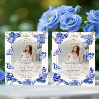 Mis Quince Foto Einladung Bilingual Blue