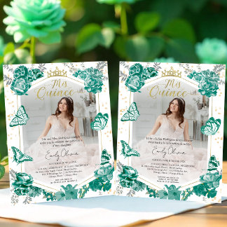 Mis Quince Foto Einladung Bilingual Green