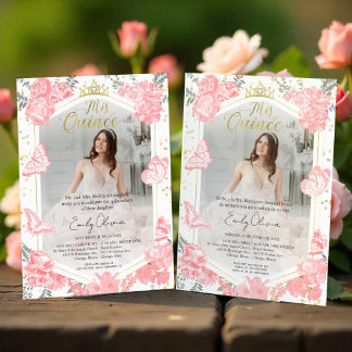 Mis Quince Foto Einladung Bilingual Pink Floral