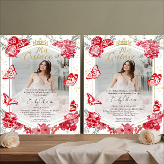 Mis Quince Foto Einladung Bilingual Red
