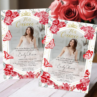 Mis Quince Foto Einladung Bilingual Red Floral