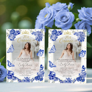 Mis Quince Foto Einladung Bilingual Royal Blue