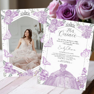 Mis Quince Foto Einladung Lavender Floral Silver