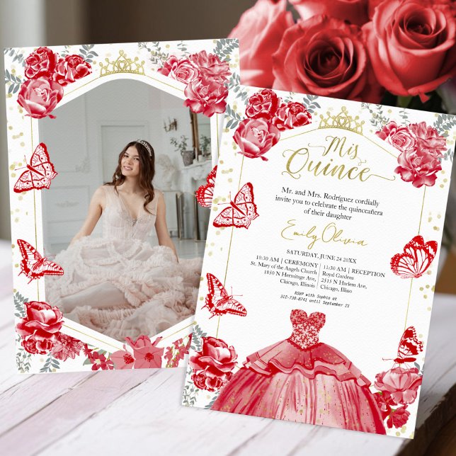 Mis Quince Foto Einladung Red Floral Gold Foil (Von Creator hochgeladen)