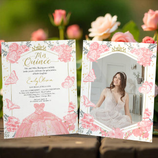 Mis Quince Foto Einladung Rosa Blumenstrauß