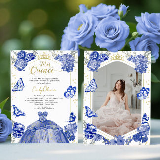 Mis Quince Foto Einladung Royal Blue Floral Gold