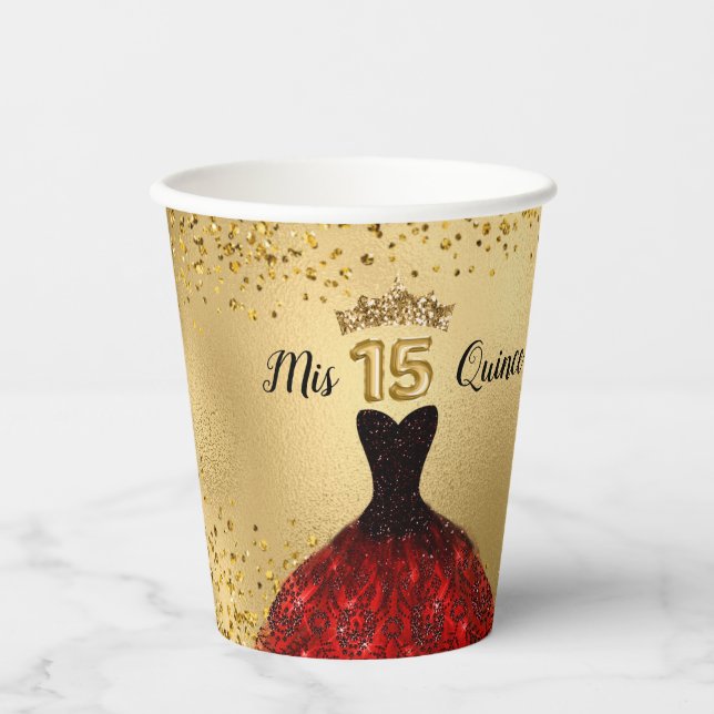Mis Quince Gold Glitzer Burgundy Dress Quinceanera Pappbecher (Vorderseite)