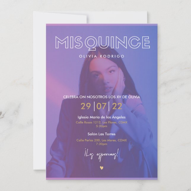 Mis Quince krankño moderno con foto Einladung (Vorderseite)