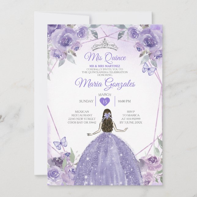 Mis Quince Lila Lavender 15 Anos Silver Crown Einladung (Vorderseite)