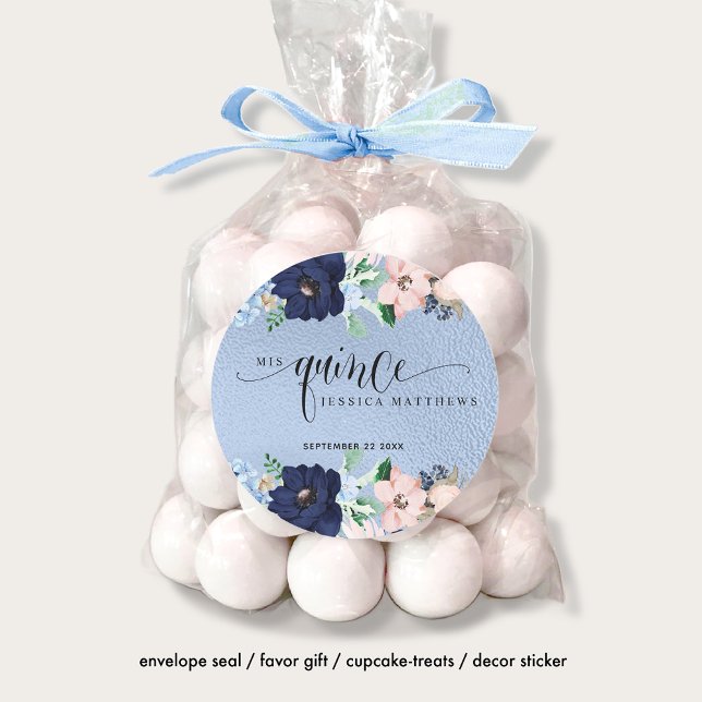 Mis Quince, Quinceañera con Flores Azul y Rosa Runder Aufkleber (Von Creator hochgeladen)