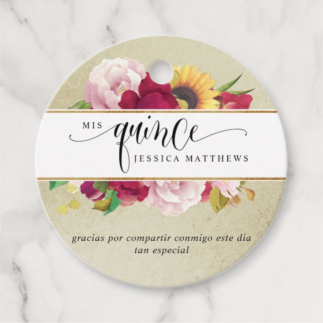Mis Quince Rot, Gold und Gelb Blüte, Liebesmarken Geschenkanhänger (Vorderseite)