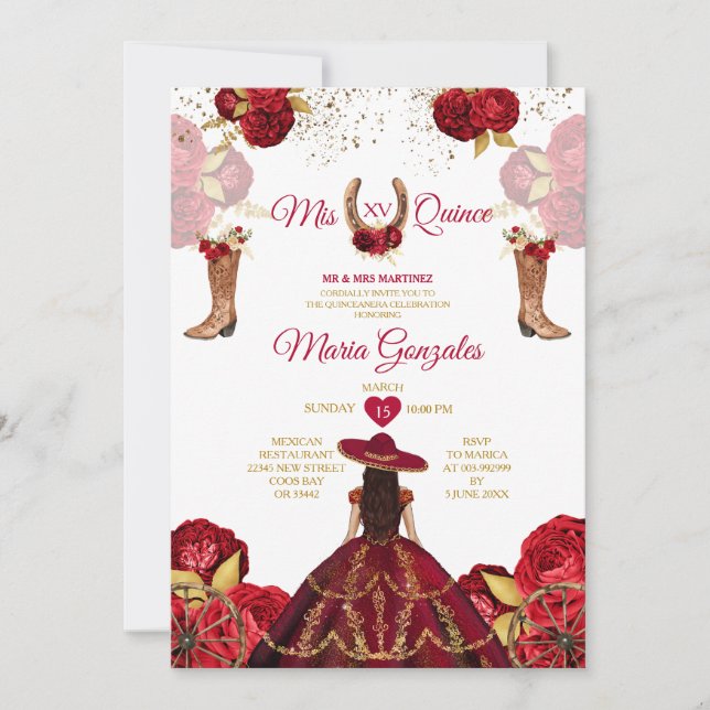 Mis Quince Rote Rosen 15 Anos Gold Crown Glitzer Einladung (Vorderseite)