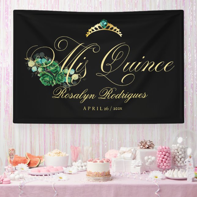 Mis Quince, schwarz, grün Willkommen Banner (Party)