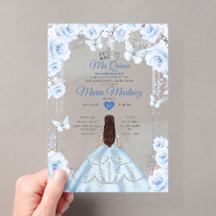 Mis Quince Soft Blue & Silver Floral Quinceañera Acryleinladungen