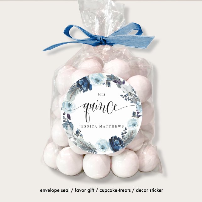 Mis Quince, Spanisch, Wreath Blue Floral Runder Aufkleber (Von Creator hochgeladen)