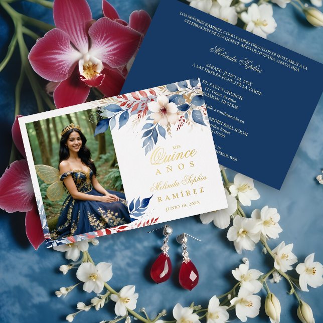 Mis XV Delicate Blue Red Shades Floral Botanical  Folieneinladung (Delicate Blue & Red Shades Floral Botanical Bouquets Photo Quinceañera Metallic Foil Invitation Card)