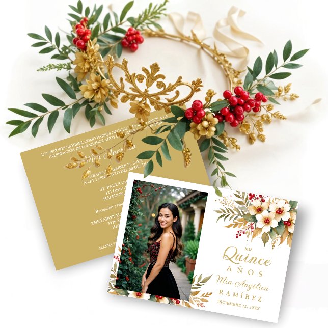 Mis XV Delicate Christmas Spanish Floral Photo  Einladung (Delicate ChristmasGold & Red Shades Floral Botanical Bouquets Photo Quinceañera Invitations Cards.)