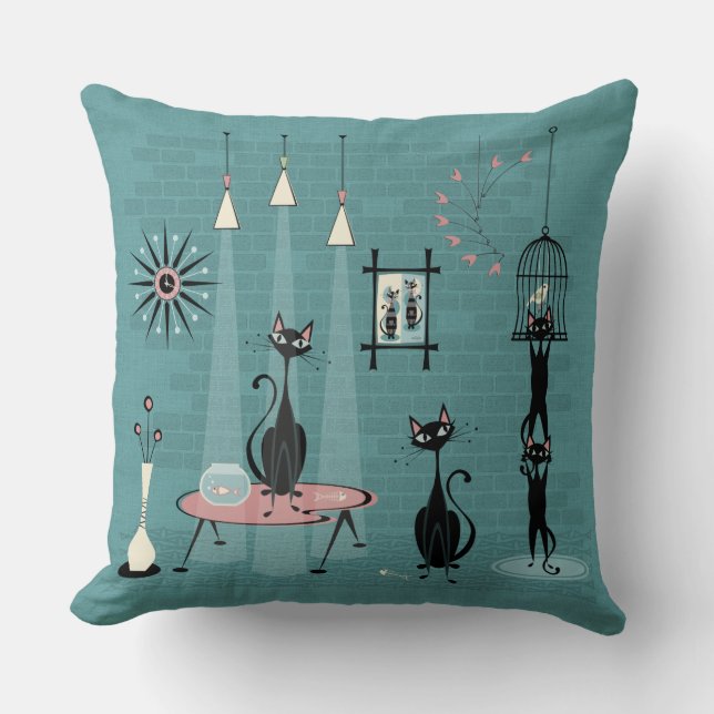 Mischief Mid Century Kitty Family ©studioxtin Kissen (Vorderseite)