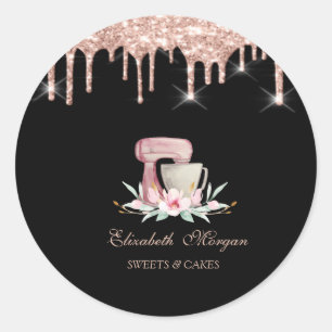 Mischpinsel Blumen Rose Gold Tropfen Bäckerei Schw Runder Aufkleber