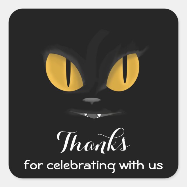 Mischvous Black Cat mit Fangs Danke Quadratischer Aufkleber (Vorderseite)